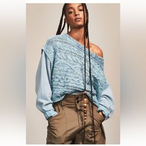 NWT Free People Honey Cable Pullover Knit Women's Blue Sweater Size S Oversized